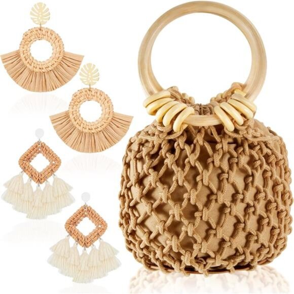 Sweetude Mini Clutch Tote Handbag 2 Pairs Rattan Earrings for Women Crossbody - Picture 1 of 16